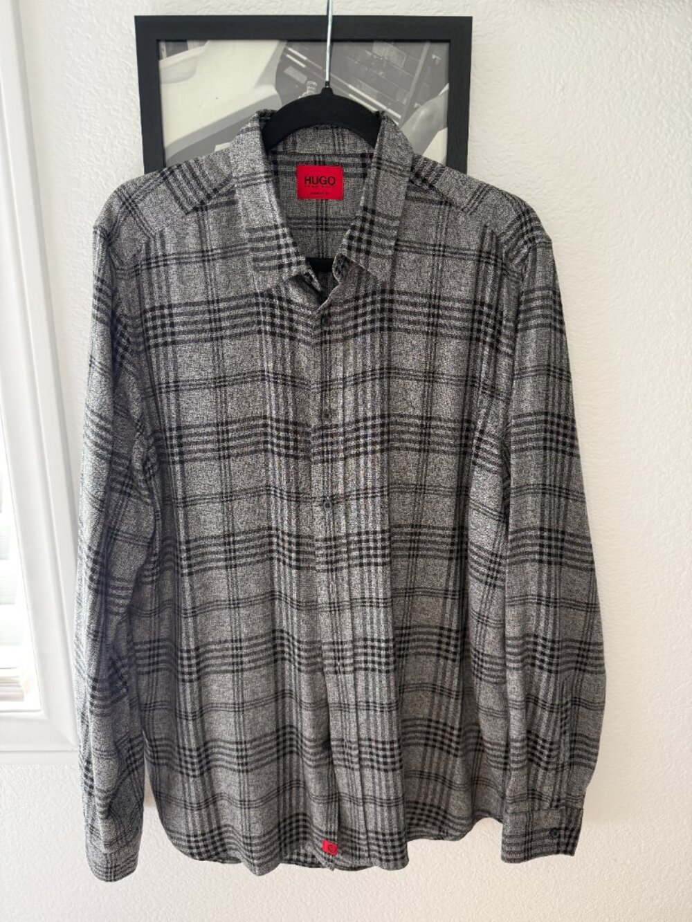 HUGO Hugo Boss Ermann Gray Black Plaid Straight Fit Button Down Shirt